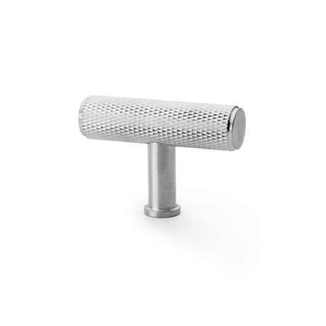This is an image showing Alexander & Wilks Crispin Knurled T-bar Cupboard Knob - Satin Chrome aw801-55-sc available to order from Trade Door Handles in Kendal, quick delivery and discounted prices.