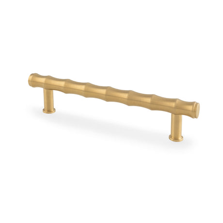 This is an image showing Alexander & Wilks Crispin Bamboo T-bar Cupboard Pull Handle - Satin Brass PVD - 128mm Centres aw809b-128-sbpvd available to order from Trade Door Handles in Kendal, quick delivery and discounted prices.