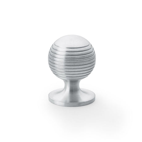 This is an image showing Alexander & Wilks Caesar Cupboard Knob on Round Rose - Satin Chrome - 32mm aw832-32-sc available to order from Trade Door Handles in Kendal, quick delivery and discounted prices.