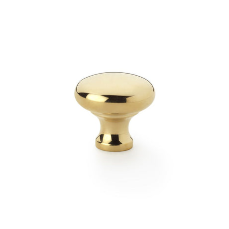 This is an image showing Alexander & Wilks Wade Round Cupboard Knob - Polished Brass - 32mm aw836-32-pb available to order from Trade Door Handles in Kendal, quick delivery and discounted prices.