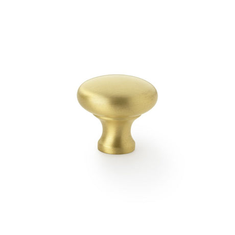 This is an image showing Alexander & Wilks Wade Round Cupboard Knob - Satin Brass - 32mm aw836-32-sb available to order from Trade Door Handles in Kendal, quick delivery and discounted prices.