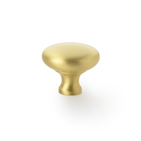 This is an image showing Alexander & Wilks Wade Round Cupboard Knob - Satin Brass - 38mm aw836-38-sb available to order from Trade Door Handles in Kendal, quick delivery and discounted prices.