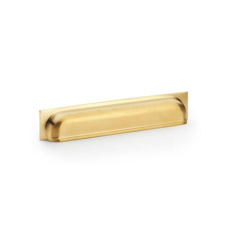 This is an image showing Alexander & Wilks Quantock Cup Pull Handle - Satin Brass PVD - Centres 203mm aw906sbpvd available to order from Trade Door Handles in Kendal, quick delivery and discounted prices.
