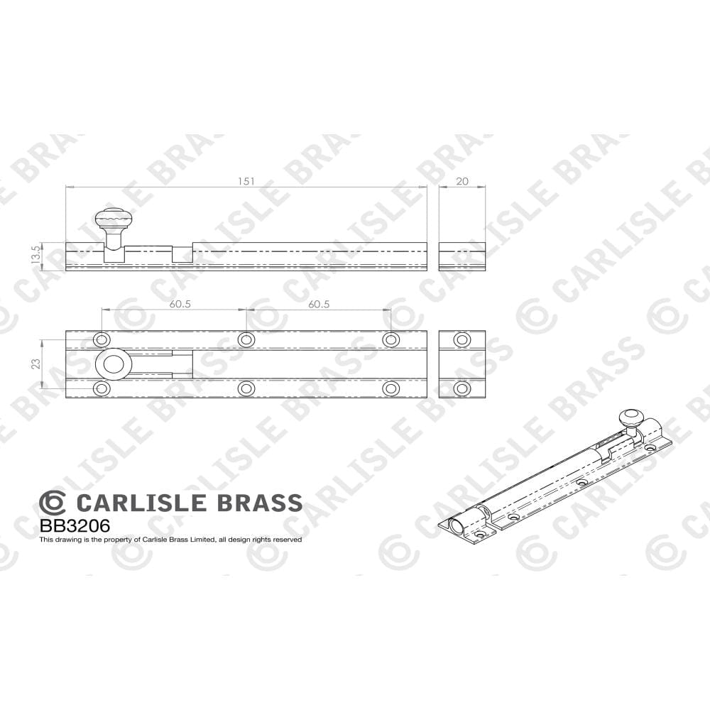 Carlisle Brass Accessories Polished Brass / Straight Surface Bolts / 150mm / 6" Carlisle Brass - Barrel Bolt 151mm - Polished Brass