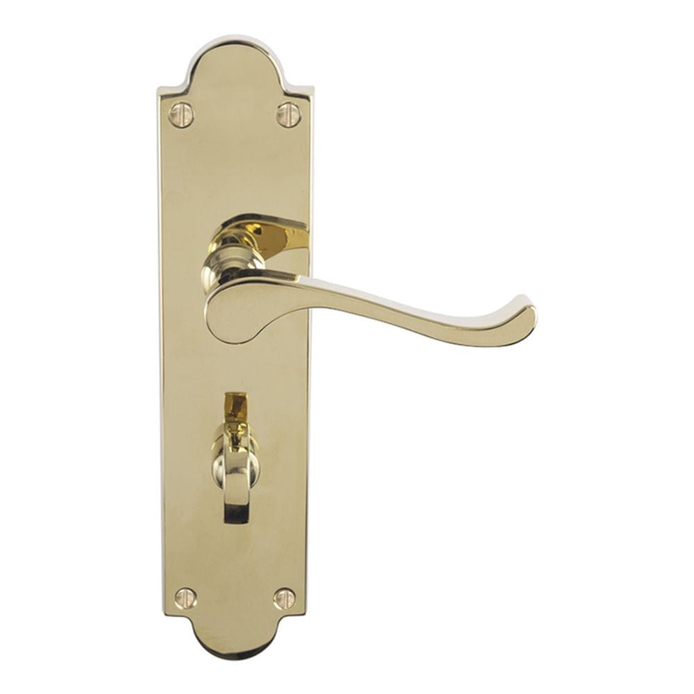 Carlisle Brass Door Furniture Polished Brass / Bathroom Lock Handles Carlisle Brass - Victorian Scroll Lever On Shaped Backplate - Bathroom 57Mm C/C