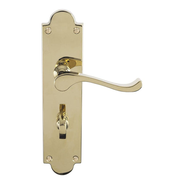 Carlisle Brass Door Furniture Polished Brass / Bathroom Lock Handles Carlisle Brass - Victorian Scroll Lever On Shaped Backplate - Bathroom 57Mm C/C