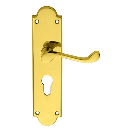 Carlisle Brass Door Furniture Polished Brass / Euro Profile Lock Handles Carlisle Brass - Victorian Scroll Lever on Shaped Euro Lock Backplate - Polished