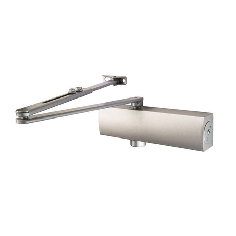 This is an image of a Eurospec - Full Cover Overhead Door Closer Variable Power 2-5 Silver - Silver that is availble to order from Trade Door Handles in Kendal.