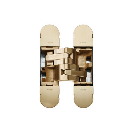This is an image of a Eurospec - 100mm Ceam 3D Concealed Hinge 1230 - Galvanic Satin Brass that is availble to order from Trade Door Handles in Kendal.