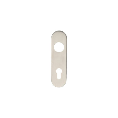 This is an image of a Eurospec - Radius Covers for Euro Lock Backplate 72mm Din - Satin Stainless Stee  that is availble to order from Trade Door Handles in Kendal.