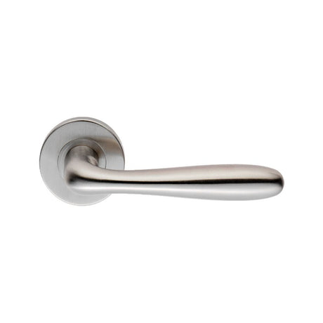 This is an image of a Eurospec - Lever on Sprung Rose - Satin Stainless Steel that is availble to order from Trade Door Handles in Kendal.