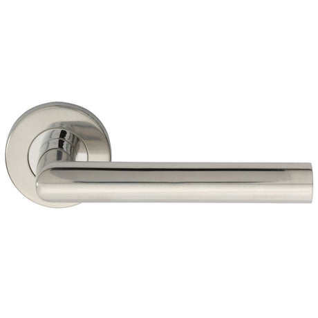 This is an image of a Eurospec - Mitred Round Bar Lever on Sprung Rose - Bright Stainless Steel that is availble to order from Trade Door Handles in Kendal.