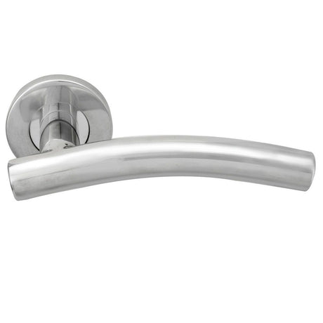 This is an image of a Eurospec - Curved Lever on Sprung Rose - Bright Stainless Steel that is availble to order from Trade Door Handles in Kendal.