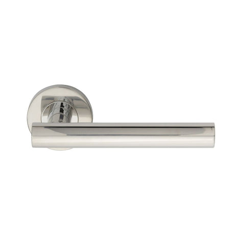 This is an image of a Eurospec - Straight Lever on Sprung Rose - Bright Stainless Steel that is availble to order from Trade Door Handles in Kendal.