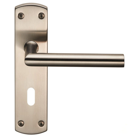 This is an image of a Eurospec - Steelworx Residential Mitred Lever on Lock Backplate - Satin Stainles that is availble to order from Trade Door Handles in Kendal.
