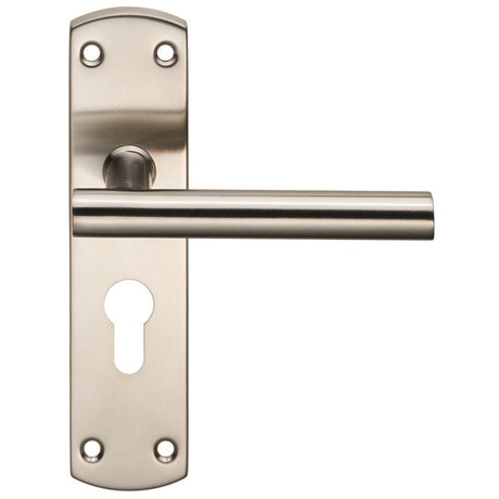 This is an image of a Eurospec - Steelworx Residential T Bar Lever on Euro Lock Backplate - Satin Stai that is availble to order from Trade Door Handles in Kendal.