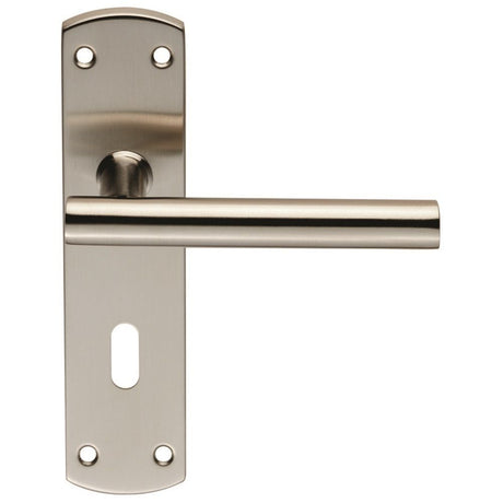 This is an image of a Eurospec - Steelworx Residential T Bar Lever on Lock Backplate - Satin Stainless that is availble to order from Trade Door Handles in Kendal.