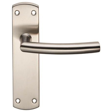 This is an image of a Eurospec - Steelworx Residential Arched Lever on Latch Backplate - Satin Stainle that is availble to order from Trade Door Handles in Kendal.