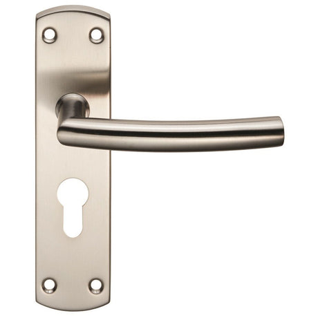 This is an image of a Eurospec - Steelworx Residential Arched Lever on Euro Lock Backplate - Satin Sta that is availble to order from Trade Door Handles in Kendal.