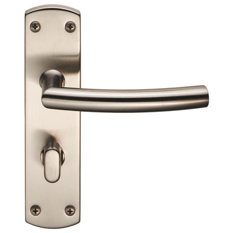 This is an image of a Eurospec - Steelworx Residential Arched Lever on WC Backplate - Satin Stainless that is availble to order from Trade Door Handles in Kendal.
