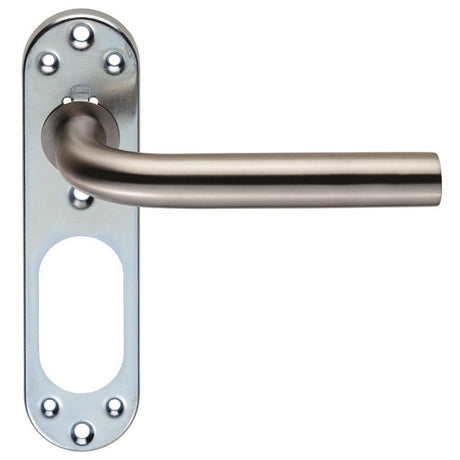 This is an image of a Eurospec - Straight Lever on Inner Backplate - Satin Stainless Steel that is availble to order from Trade Door Handles in Kendal.