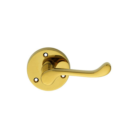 This is an image of a Carlisle Brass - Victorian Scroll Lever on Round Rose - Polished Brass that is availble to order from Trade Door Handles in Kendal.
