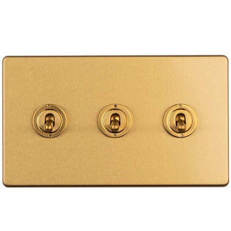 This is an image showing Eurolite Concealed 3mm 3 Gang 2 Way Toggle Switch - Satin Brass ecsbt3sw available to order from trade door handles, quick delivery and discounted prices.