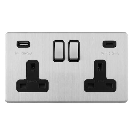 This is an image showing Eurolite Concealed 3mm Concealed 3Mm 2 Gang Usbc Socket - Stainless Steel (With Black Trim) ecss2usbcb available to order from trade door handles, quick delivery and discounted prices.