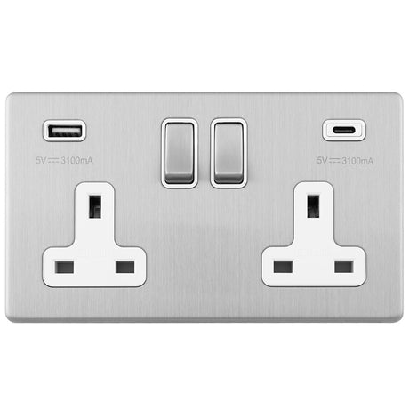 This is an image showing Eurolite Concealed 3mm Concealed 3Mm 2 Gang Usbc Socket - Stainless Steel (With White Trim) ecss2usbcw available to order from trade door handles, quick delivery and discounted prices.