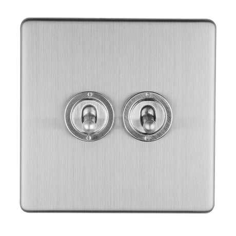 This is an image showing Eurolite Concealed 3mm 2 Gang 10Amp 2Way Toggle Switch Satin Stainless Plate - Stainless Steel (With Brass Trim) ecsst2sw available to order from trade door handles, quick delivery and discounted prices.
