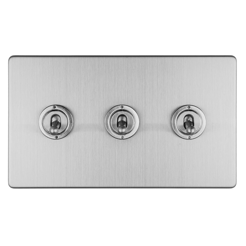 This is an image showing Eurolite Concealed 3mm 3 Gang 10Amp 2Way Toggle Switch Satin Stainless Plate - Stainless Steel (With Brass Trim) ecsst3sw available to order from trade door handles, quick delivery and discounted prices.