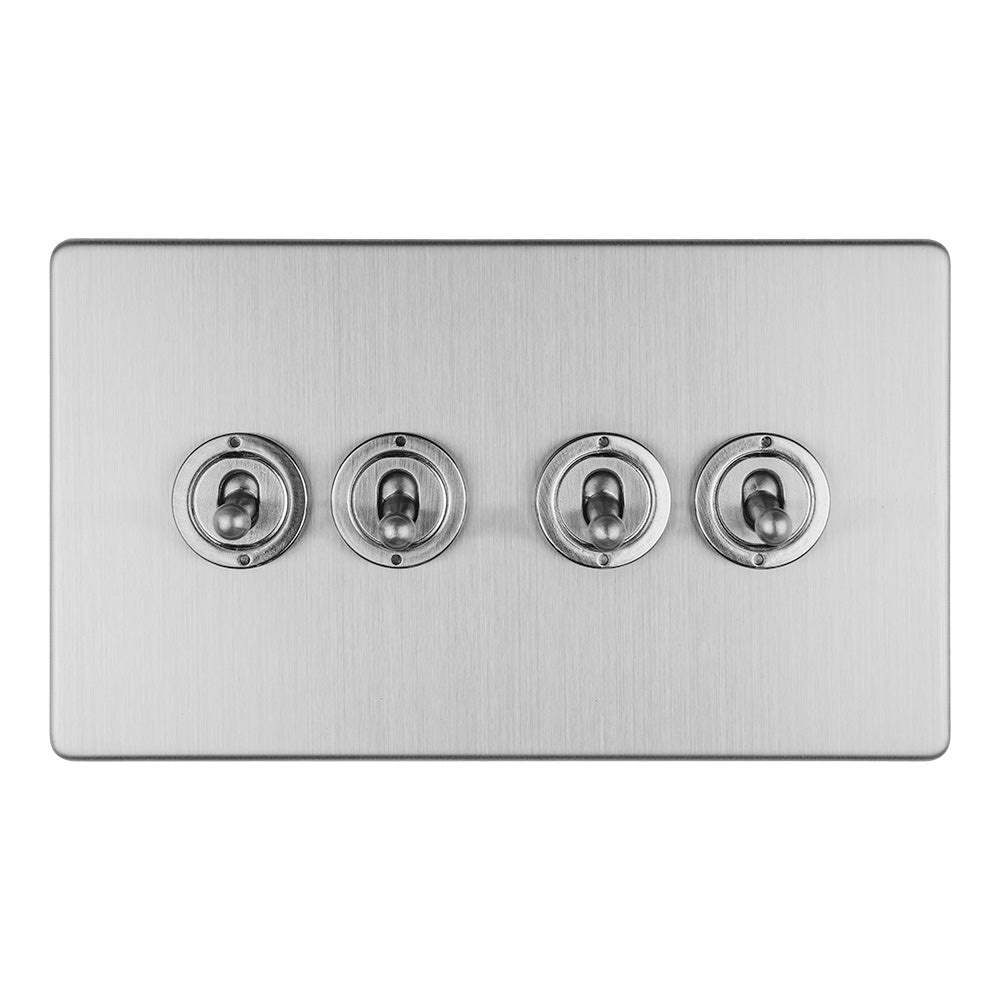 This is an image showing Eurolite Concealed 3mm 4 Gang 10Amp 2Way Toggle Switch Satin Stainless Plate - Stainless Steel (With Brass Trim) ecsst4sw available to order from trade door handles, quick delivery and discounted prices.