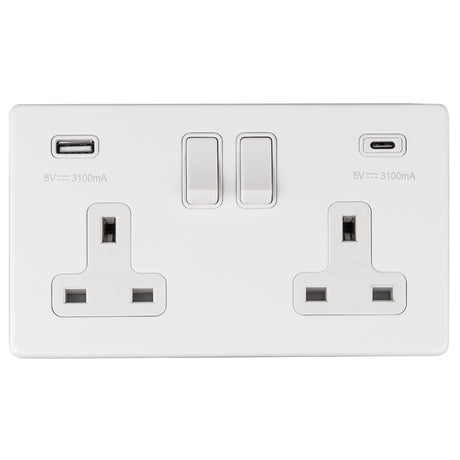 This is an image showing Eurolite Concealed 3mm 2 Gang 13Amp Switched Socket With Usb C White - Matt White (With White Trim) ecw2usbcw available to order from trade door handles, quick delivery and discounted prices.