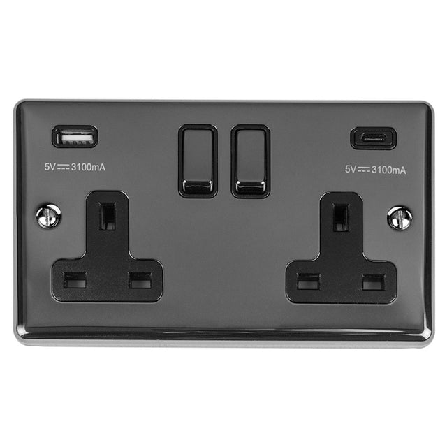 This is an image showing Eurolite Enhance Decorative 2 Gang 13Amp Switched Socket With Usb C Black Nickel - Black Nickel (With Black Trim) en2usbcbnb available to order from trade door handles, quick delivery and discounted prices.