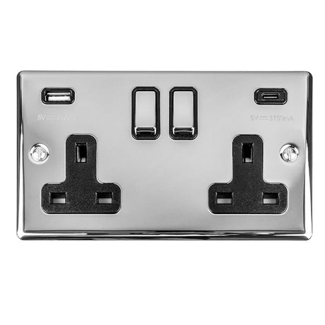 This is an image showing Eurolite Enhance Decorative 2 Gang 13Amp Switched Socket With Usb C Polished Chrome - Polished Chrome (With Rockers Trim) en2usbcpcb available to order from trade door handles, quick delivery and discounted prices.