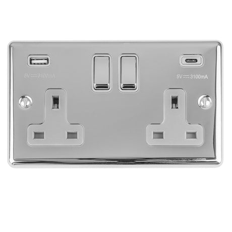 This is an image showing Eurolite Enhance Decorative 2 Gang 13Amp Switched Socket With Usb C Polished Chrome - Polished Chrome (With Rockers Trim) en2usbcpcg available to order from trade door handles, quick delivery and discounted prices.