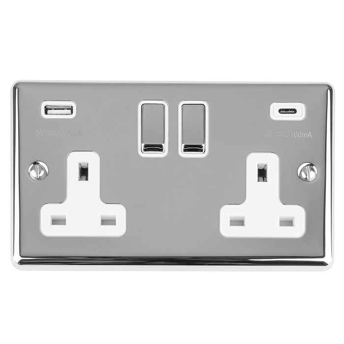 This is an image showing Eurolite Enhance Decorative 2 Gang 13Amp Switched Socket With Usb C Polished Chrome - Polished Chrome (With Rockers Trim) en2usbcpcw available to order from trade door handles, quick delivery and discounted prices.