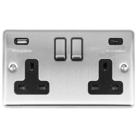 This is an image showing Eurolite Enhance Decorative 2 Gang 13Amp Switched Socket With Usb C Stainless Steel - Satin Stainless (With Rockers Trim) en2usbcssb available to order from trade door handles, quick delivery and discounted prices.
