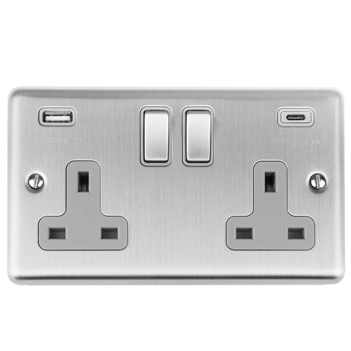 This is an image showing Eurolite Enhance Decorative 2 Gang 13Amp Switched Socket With Usb C Stainless Steel - Satin Stainless (With Rockers Trim) en2usbcssg available to order from trade door handles, quick delivery and discounted prices.
