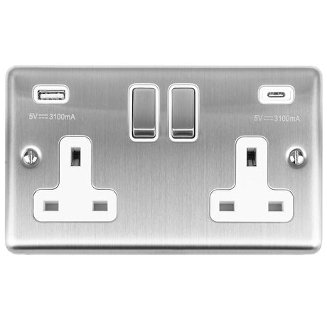 This is an image showing Eurolite Enhance Decorative 2 Gang 13Amp Switched Socket With Usb C Stainless Steel - Satin Stainless (With Rockers Trim) en2usbcssw available to order from trade door handles, quick delivery and discounted prices.