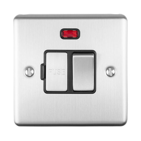 This is an image showing Eurolite Enhance Decorative Switched Fuse Spur With Neon Indicator - Satin Stainless Steel (With Black Trim) enswfnssb available to order from trade door handles, quick delivery and discounted prices.