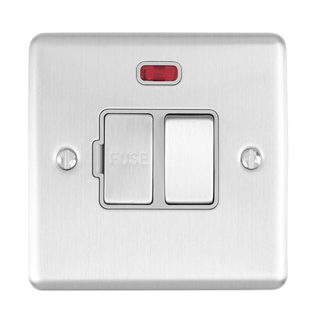 This is an image showing Eurolite Enhance Decorative Switched Fuse Spur With Neon Indicator - Satin Stainless Steel (With Grey Trim) enswfnssg available to order from trade door handles, quick delivery and discounted prices.