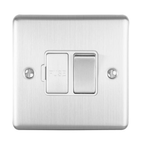 This is an image showing Eurolite Enhance Decorative Switched Fuse Spur - Satin Stainless Steel (With White Trim) enswfssw available to order from trade door handles, quick delivery and discounted prices.