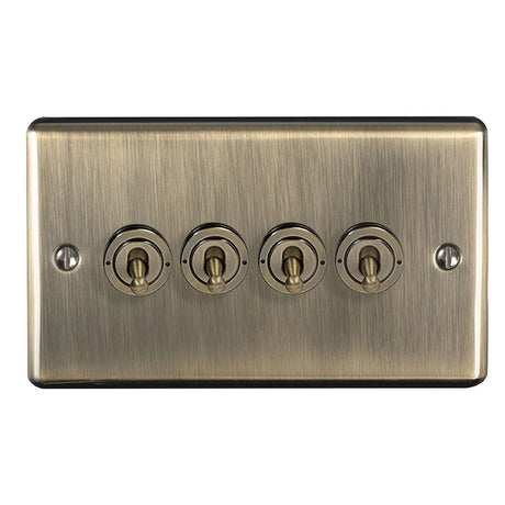 This is an image showing Eurolite Enhance Decorative 4 Gang Toggle Switch - Antique Brass (With Black Trim) ent4swabb available to order from trade door handles, quick delivery and discounted prices.
