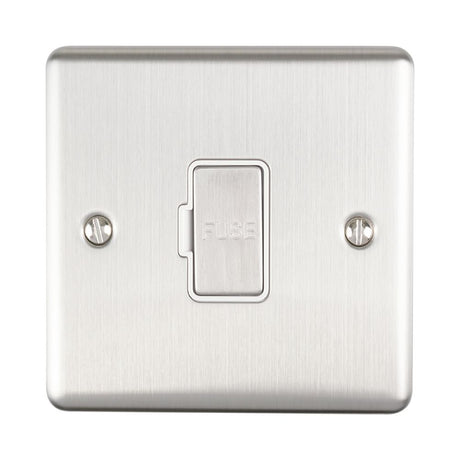 This is an image showing Eurolite Enhance Decorative Unswitched Fuse Spur - Satin Stainless Steel (With White Trim) enuswfssw available to order from trade door handles, quick delivery and discounted prices.
