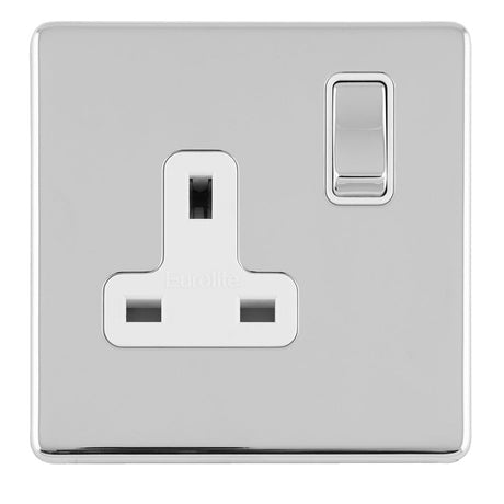 EuroLite Electrical Polished Chrome / 1 GANG 13AMP DP SWITCHED SOCKET FLAT CONCEALED POLISHED CHROME PLATE MATCHING ROCKER / (With White Trim) Eurolite Concealed 3mm 1 Gang 13Amp Dp Switched Socket - Polished Chrome (With White Trim)