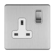 EuroLite Electrical Stainless Steel / 1 GANG 13AMP DP SWITCHED SOCKET FLAT CONCEALED SATIN STAINLESS PLATE MATCHING ROCKER / (With White Trim) Eurolite Concealed 3mm 1 Gang 13Amp Dp Switched Socket - Stainless Steel (With White Trim)
