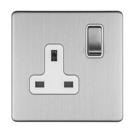 EuroLite Electrical Stainless Steel / 1 GANG 13AMP DP SWITCHED SOCKET FLAT CONCEALED SATIN STAINLESS PLATE MATCHING ROCKER / (With White Trim) Eurolite Concealed 3mm 1 Gang 13Amp Dp Switched Socket - Stainless Steel (With White Trim)