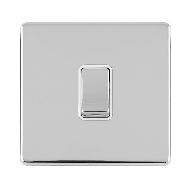 EuroLite Electrical Polished Chrome / 1 GANG 20AMP DP SWITCH FLAT CONCEALED POLISHED CHROME PLATE MATCHING ROCKERS / (With White Trim) Eurolite Concealed 3mm 1 Gang 20Amp Dp Switch - Polished Chrome (With White Trim)