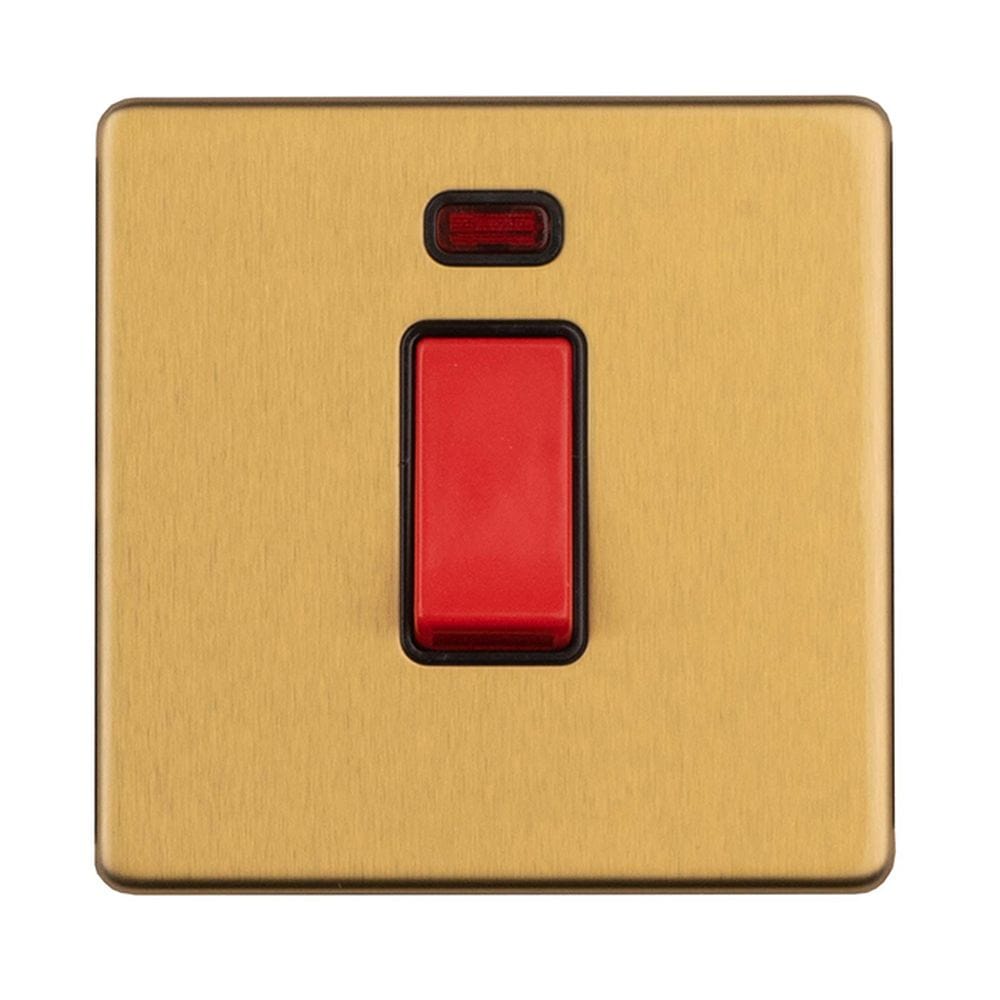 EuroLite Electrical Satin Brass / 1 Gang 45 Amp Switch with Neon Indicator / (With Black Trim) Eurolite Concealed 3mm 1 Gang 45 Amp Switch with Neon Indicator - Satin Brass